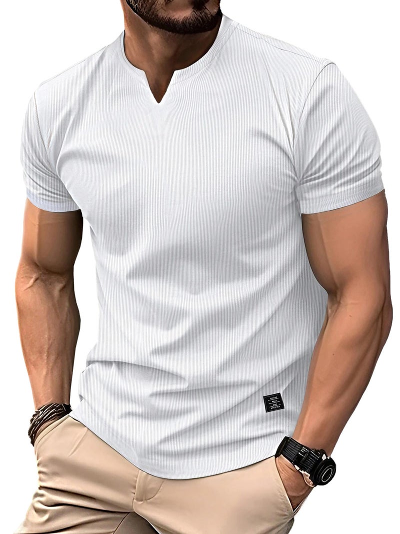 PLEPAN Muscle Shirts for Men Slim fit Short Sleeve V Neck Henley Shirts Longline Athletic Gym Workout T-Shirts, White, Medium - Image 3