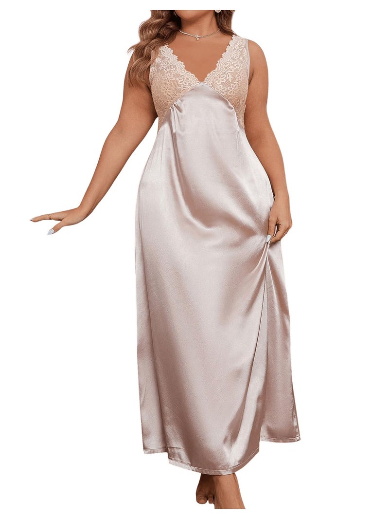 WDIRARA Women's Plus Size Satin Nightgown Double V Neck Lace Backless Long Lingerie Nightdress 2XL Champagne - Image 1