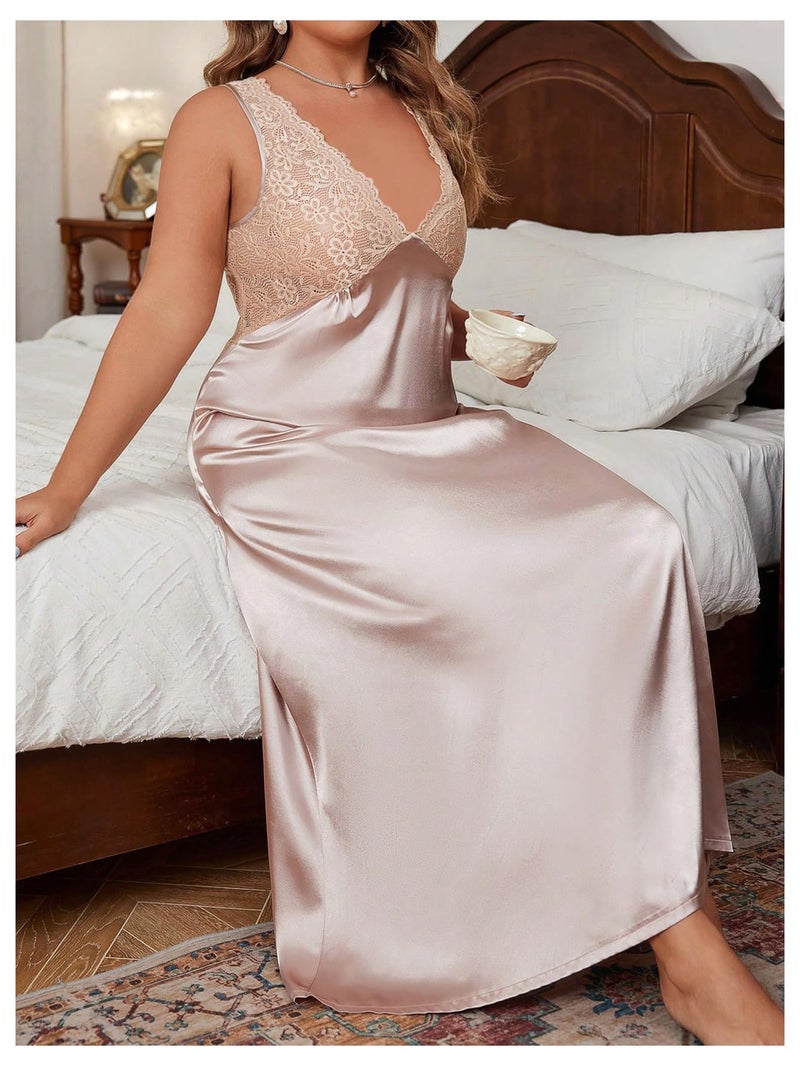 WDIRARA Women's Plus Size Satin Nightgown Double V Neck Lace Backless Long Lingerie Nightdress 2XL Champagne - Image 3