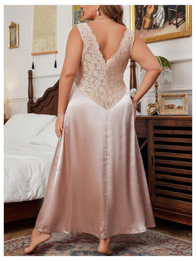 WDIRARA Women's Plus Size Satin Nightgown Double V Neck Lace Backless Long Lingerie Nightdress 2XL Champagne - Image 2