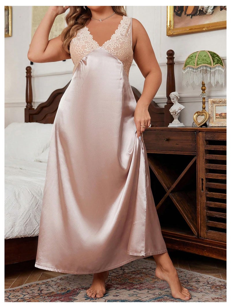 WDIRARA Women's Plus Size Satin Nightgown Double V Neck Lace Backless Long Lingerie Nightdress 2XL Champagne - Image 4