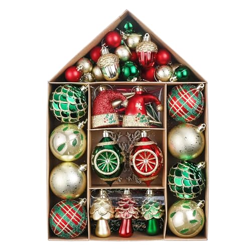Valery Madelyn Ornaments for Christmas Trees 70ct Red Green and Gold Shatterproof Christmas Tree Decorations Traditional Country Hanging Ball Ornaments Bulk for Xmas Holiday Decor - Image 1
