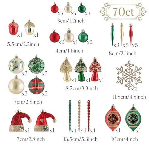 Valery Madelyn Ornaments for Christmas Trees 70ct Red Green and Gold Shatterproof Christmas Tree Decorations Traditional Country Hanging Ball Ornaments Bulk for Xmas Holiday Decor - Image 3