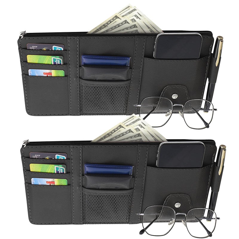 Aturmon 2 Packs Car Sun Visor Multi-Pocket Organizer for SUV & Truck, Auto Visor Storage Pouch with Big Zipper Pocket, Card Sleeve, Driving License, Insurance, Sunglasses, Pen, Key, Lipstick - Image 1