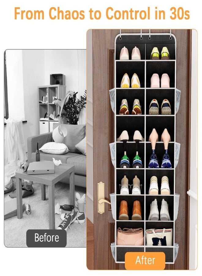 Yecaye 8 Tier Over the Door Shoe Organizer of Deep 16 Compartments, 50lbs Load Shoe Rack for Door in Oxford Holds 16-24 Pairs, Stain-Resistant Hanging Shoe Organizer for Closet, Black - Image 3
