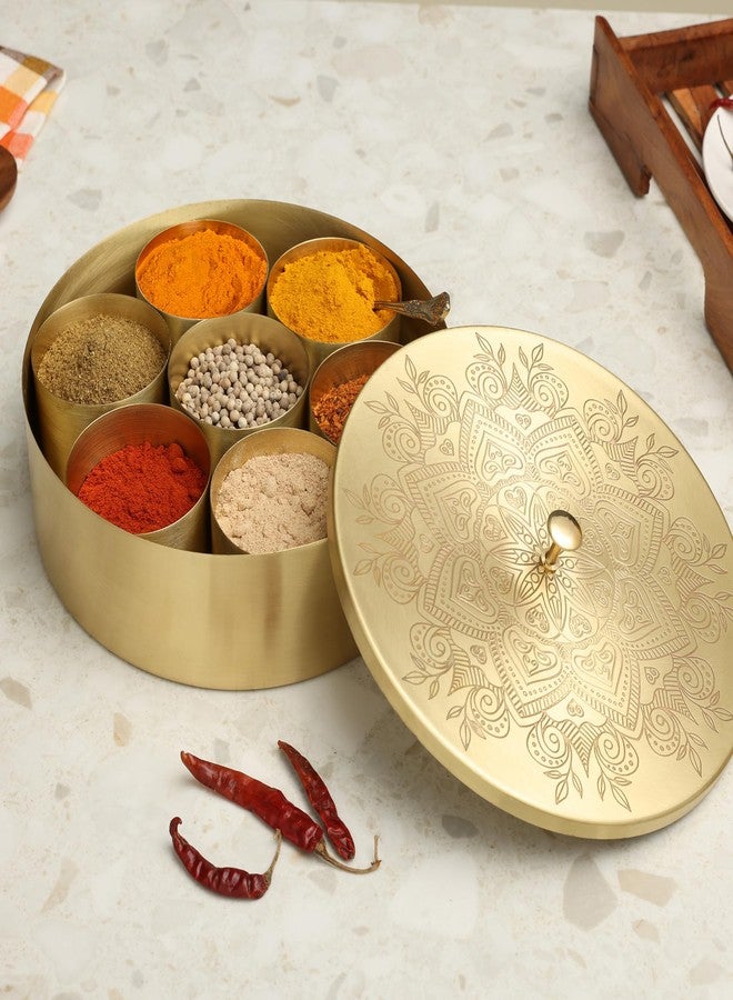dudki Handcrafted Pure Brass Spice Box for kitchen Masala Dabba with 7 Detachable container, 100 ML Each | With A Small Brass Spoon (Flower) - Image 1