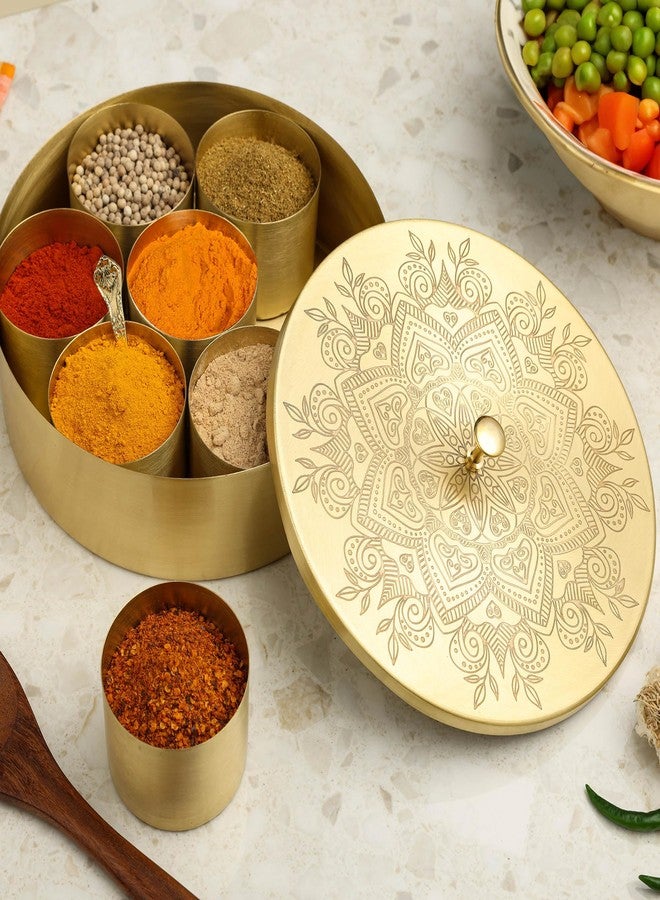 dudki Handcrafted Pure Brass Spice Box for kitchen Masala Dabba with 7 Detachable container, 100 ML Each | With A Small Brass Spoon (Flower) - Image 4