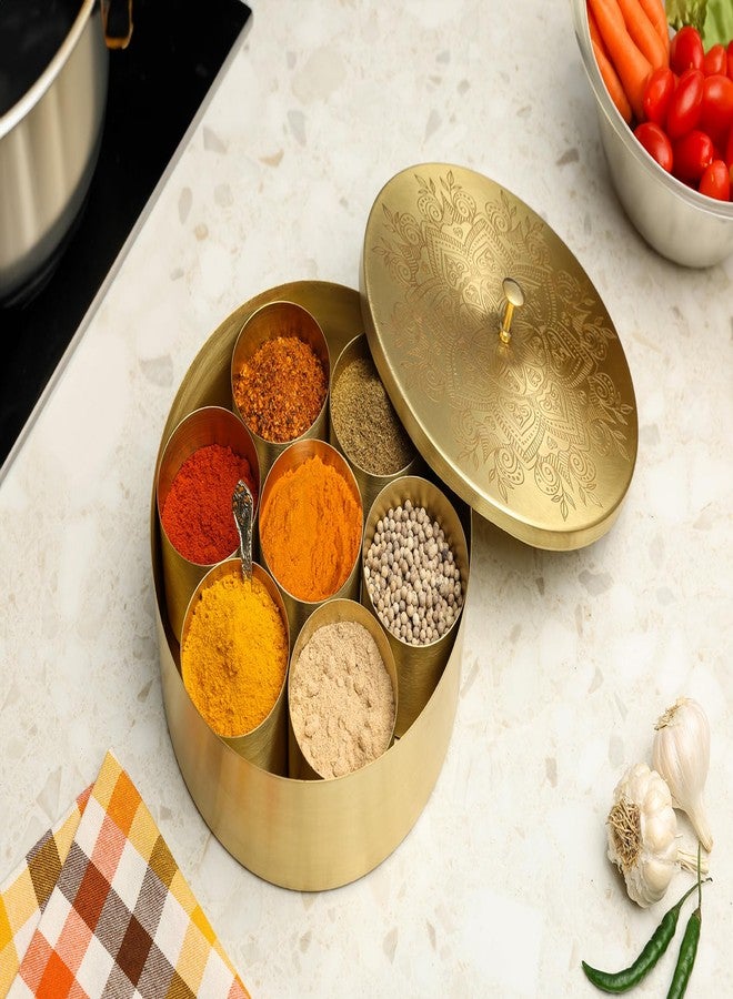 dudki Handcrafted Pure Brass Spice Box for kitchen Masala Dabba with 7 Detachable container, 100 ML Each | With A Small Brass Spoon (Flower) - Image 3