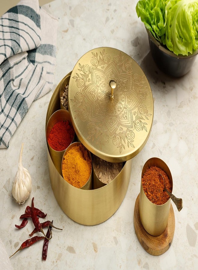 dudki Handcrafted Pure Brass Spice Box for kitchen Masala Dabba with 7 Detachable container, 100 ML Each | With A Small Brass Spoon (Flower) - Image 2