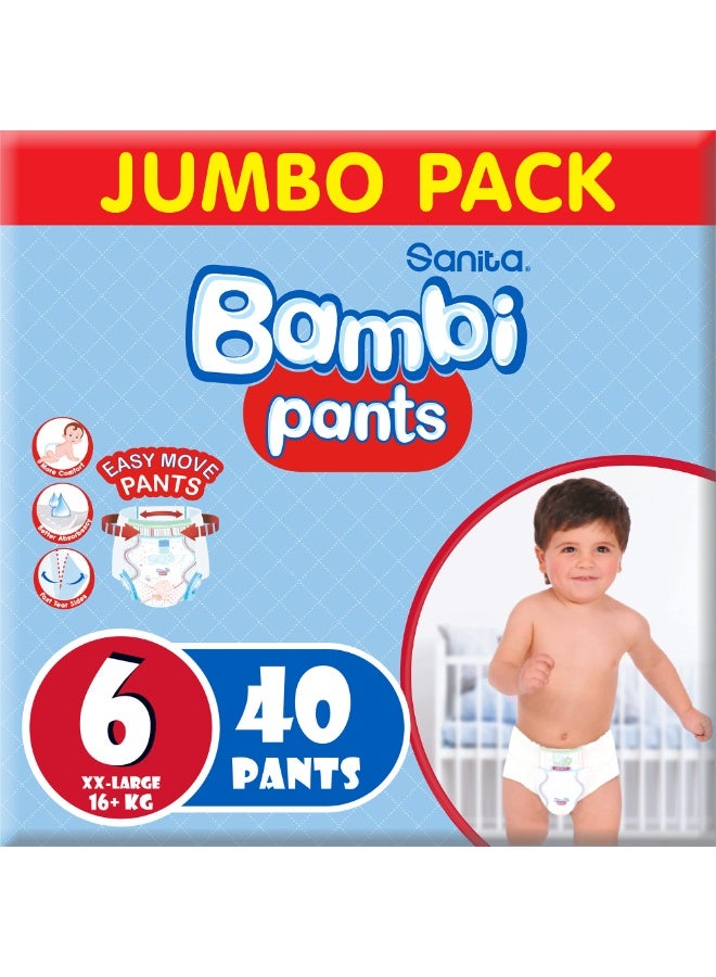 إيروريكس حفاضات سانيتا بامبي بانتس جامبو، مقاس 6 كبير جدًا، 16 كجم فأكثر، 40 بانتس، حفاضات أطفال سهلة الحركة مع جوانب سريعة التمزق، امتصاص أفضل وراحة ناعمة - Image 1