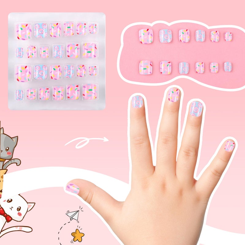 Kawyehu Kids Press on Nails Children Fake Nails 72PCS Artificial Nail Tips Adhesive Full Cover Short False Fingernails for Girls Kids Nail Decoration (French Donut Heart) - Image 5
