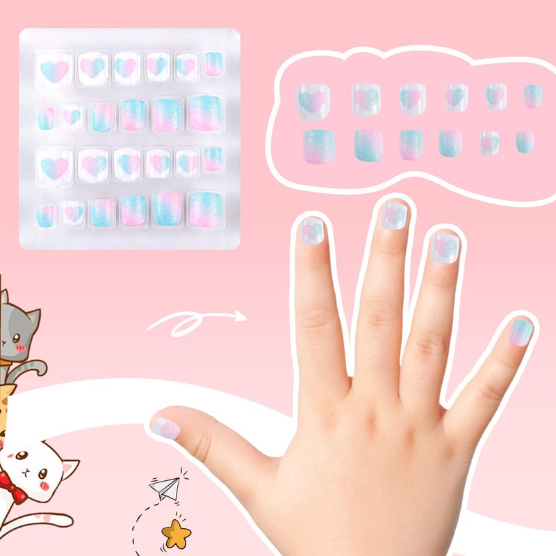 Kawyehu Kids Press on Nails Children Fake Nails 72PCS Artificial Nail Tips Adhesive Full Cover Short False Fingernails for Girls Kids Nail Decoration (French Donut Heart) - Image 4