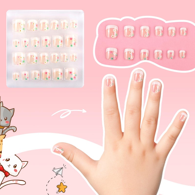 Kawyehu Kids Press on Nails Children Fake Nails 72PCS Artificial Nail Tips Adhesive Full Cover Short False Fingernails for Girls Kids Nail Decoration (French Donut Heart) - Image 3
