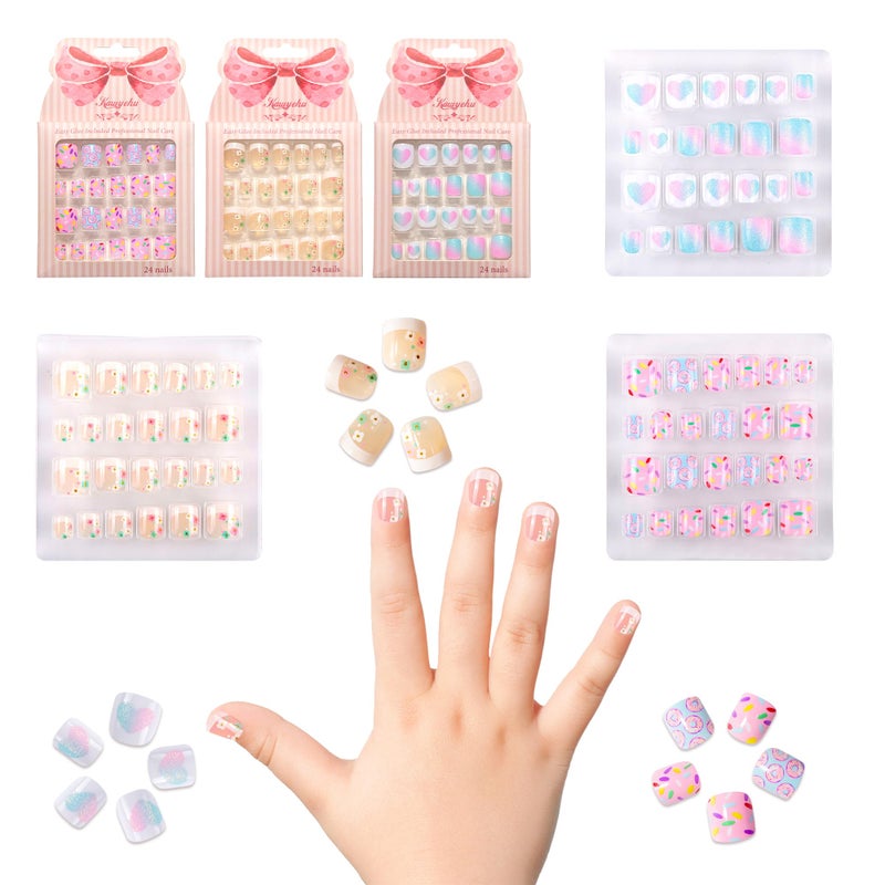 Kawyehu Kids Press on Nails Children Fake Nails 72PCS Artificial Nail Tips Adhesive Full Cover Short False Fingernails for Girls Kids Nail Decoration (French Donut Heart) - Image 2