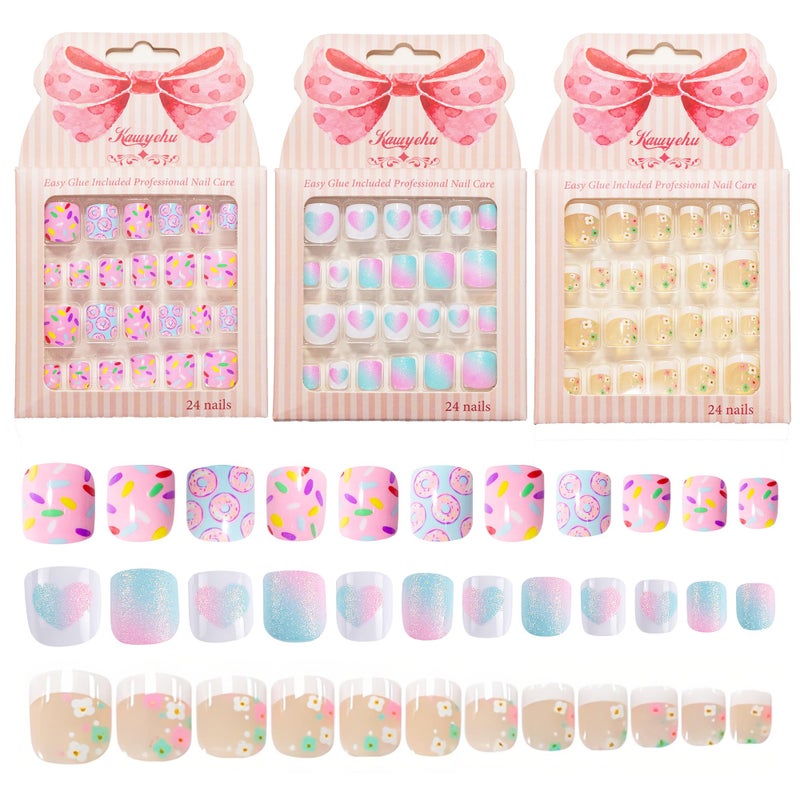 Kawyehu Kids Press on Nails Children Fake Nails 72PCS Artificial Nail Tips Adhesive Full Cover Short False Fingernails for Girls Kids Nail Decoration (French Donut Heart) - Image 1