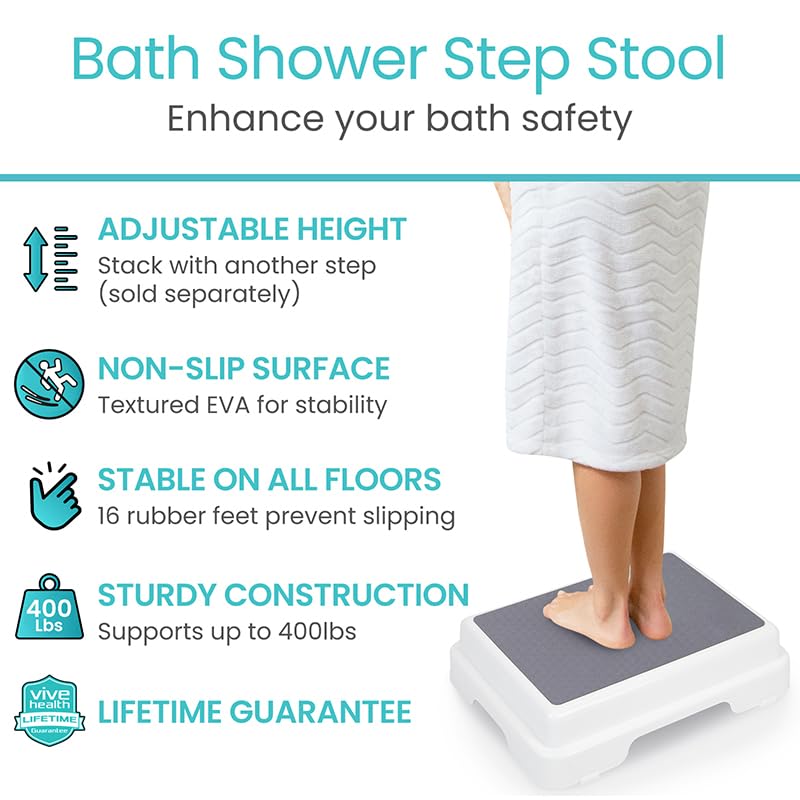 Vive Bath Shower Step Stool (4.5") - Slip Resistant, Stackable, Indoor/Outdoor - Safety Stepping Stool Bathroom Aid for Adults, Handicap, Elderly, Seniors, Bathtub, High Beds, Kitchens - Nonslip - Image 2