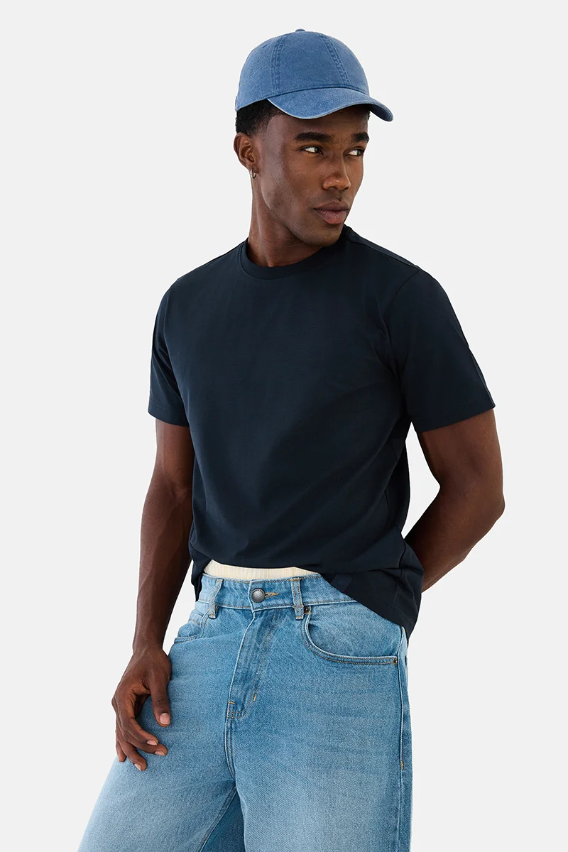 سنيتش Navy Solid Half Sleeve Slim Fit Casual T-Shirt