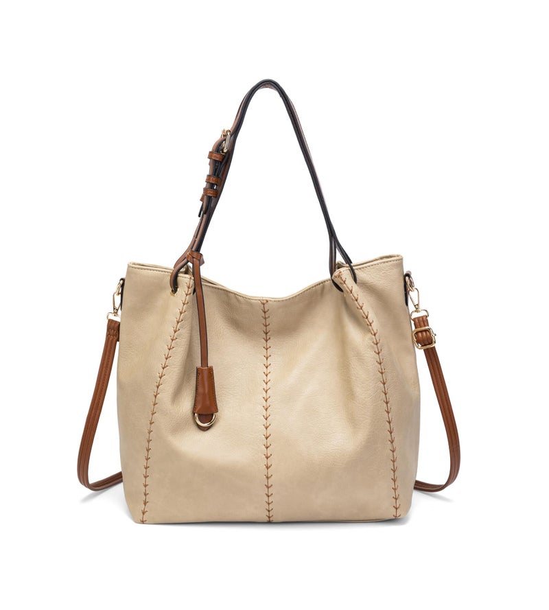 My Friday myfriday Casual Faux Leather Tote Hobo Bag for Women, Soft Shoulder Bag Crossbody Satchel Purse and Handbag (Apricot) - Image 1