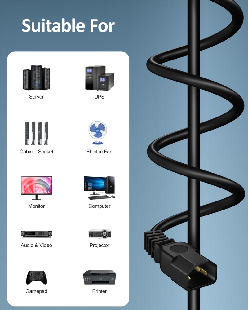 FEDUS 3 Meter IEC C13 to C14 Link Power Cable 250V Male to Female Extension Cord, 18AWG 10A for Computer, Printer, SMPS, Monitor, Server, Display - Heavy Gauge - Image 2