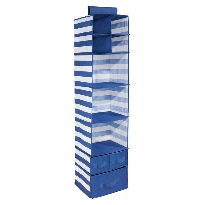 ID JR FABRIC HANGING FOLDABLE CLOSET STORAGE ORGANIZER WITH SHELVES AND PULL OUT DRAWERS FOR CHILDRENS CLOTHING BLANKETS TOYS BEDDING NAVYWHITE