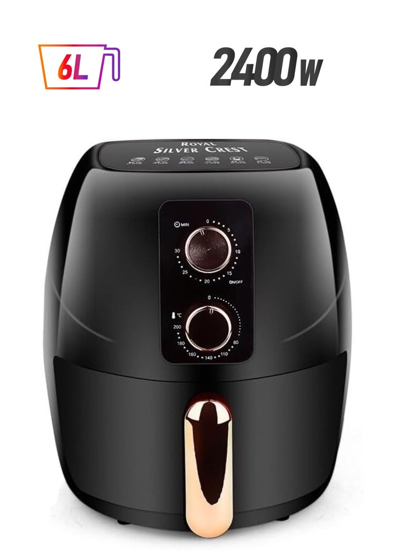 Royal Silver Crest Fryer Royal Silver Crest, 2400W 6L Capacity, Temperature-Time Control Extra Large Capacity Air Fryer For No-Oil Healthy Frying, Grilling, Roasting, Baking, Black.  - Image 1