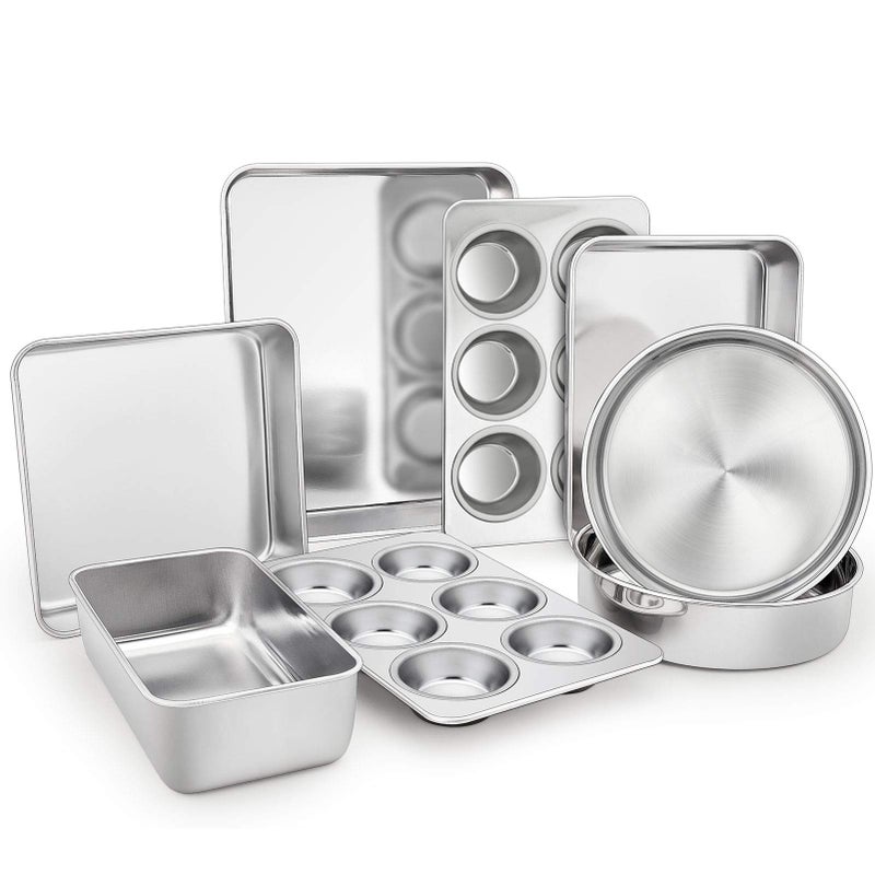 TeamFar TeamFar Stainless Steel Bakeware Set of 8 Baking Roasting Toaster Oven Pans LasagnaSquareRound Cake Pan Loaf Pan  Muffin Pan NonToxic  Sturdy Smooth  Dishwasher Safe