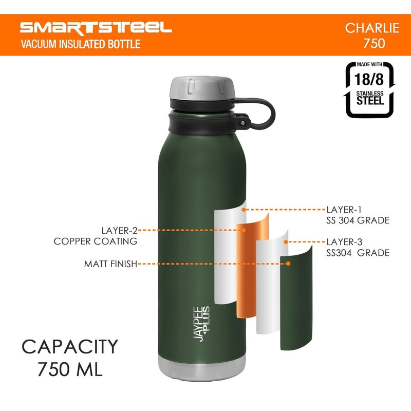 Jaypee Plus Charlie Stainless Steel 24 Hours Hot and Cold Water Bottle 750 ml Leak Proof Gym Bottle Home Kitchen Hiking Trekking Travel Army Green - Image 5