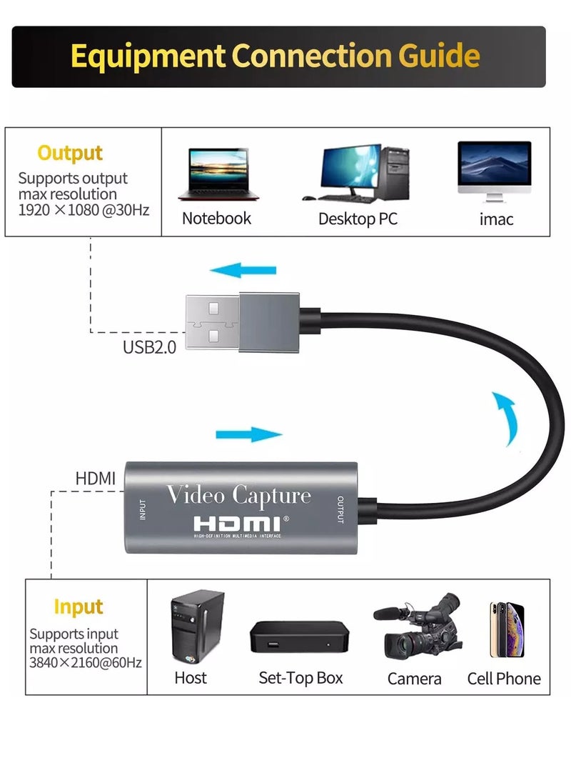 HDMI Capture Card 1060P @60HZ, 4K @30HZ (USB)
