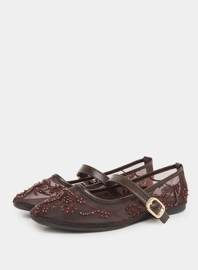 Styli  Brown Embroidered Mesh Ballerinas for Women | Best Price UAE