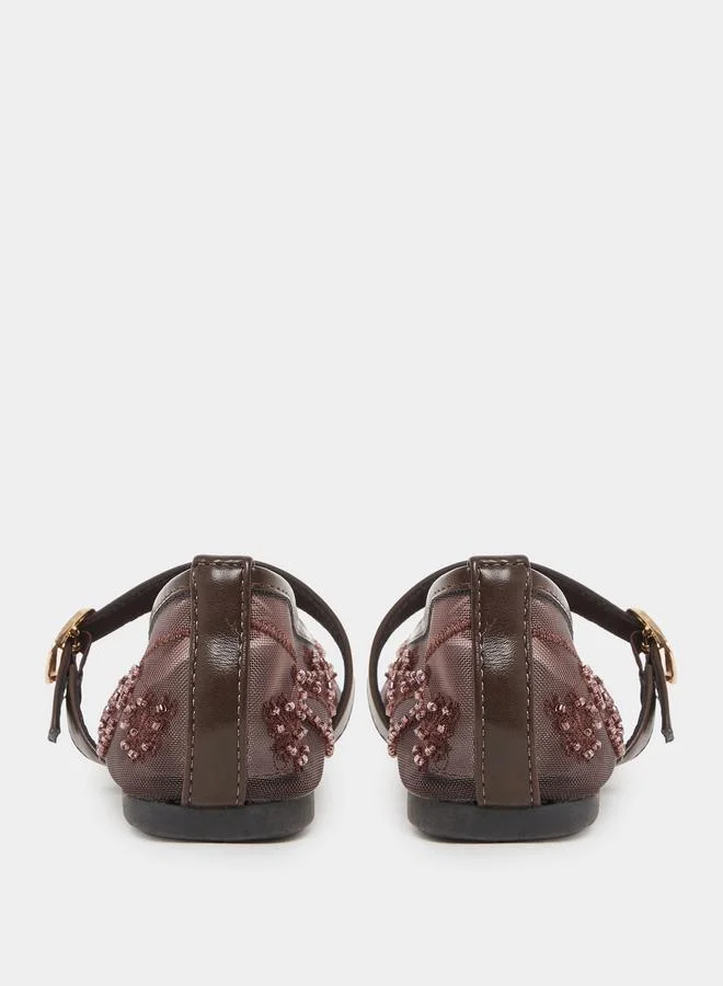 Styli  Brown Embroidered Mesh Ballerinas for Women | Best Price UAE