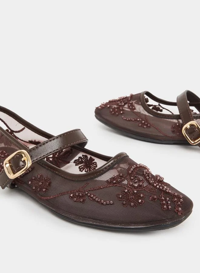 Styli  Brown Embroidered Mesh Ballerinas for Women | Best Price UAE