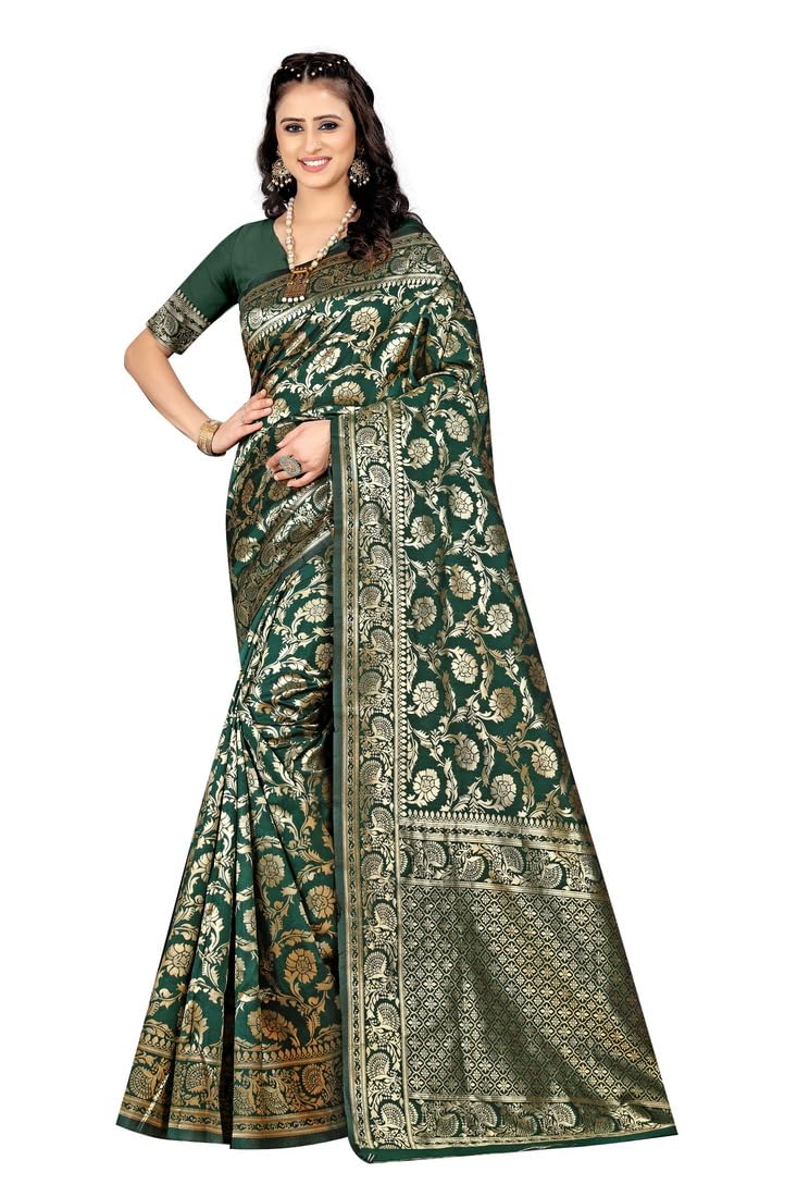 C J Enterprise Women's Pure Kanjivaram Soft Silk Saree Banarasi Design Wear Pattu Sarees Latest Party Cotton Sari With Blouse Piece for Wedding sadi new ladies 2024 (Pari164 paithani) (Dark Green) - Image 2