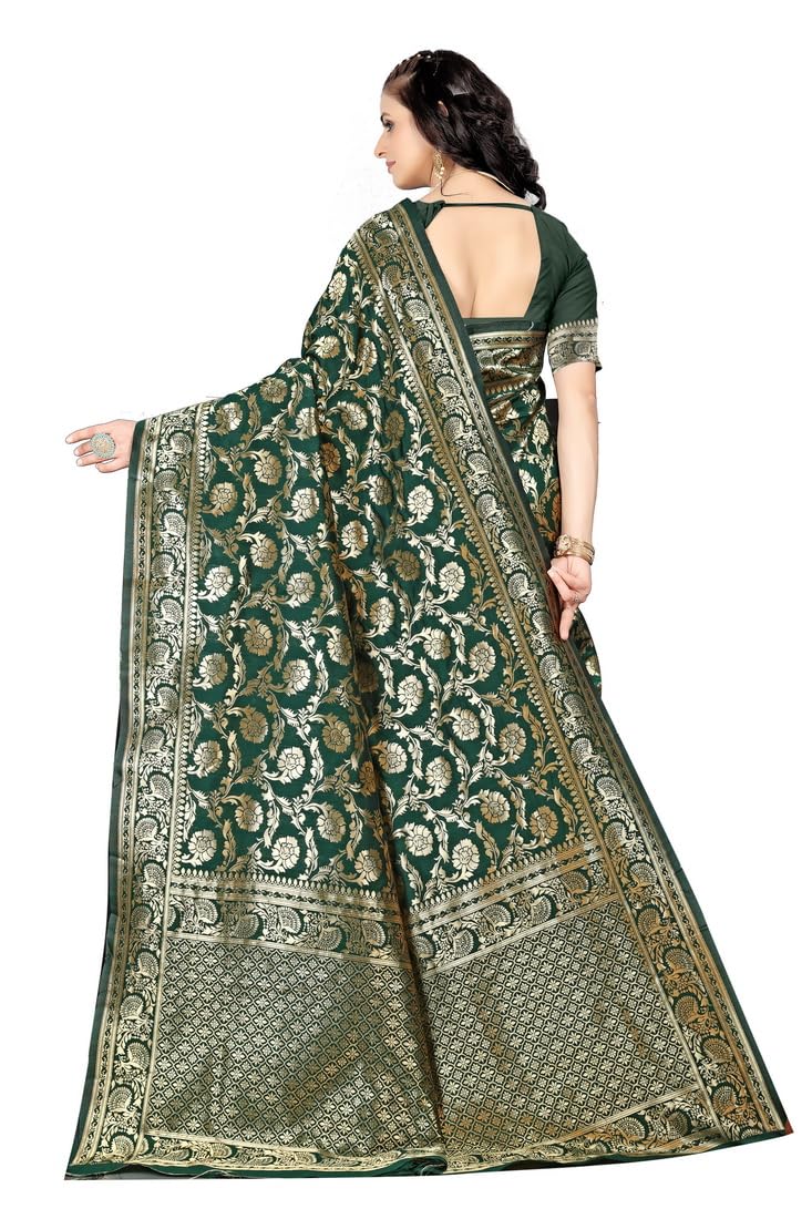 C J Enterprise Women's Pure Kanjivaram Soft Silk Saree Banarasi Design Wear Pattu Sarees Latest Party Cotton Sari With Blouse Piece for Wedding sadi new ladies 2024 (Pari164 paithani) (Dark Green) - Image 3