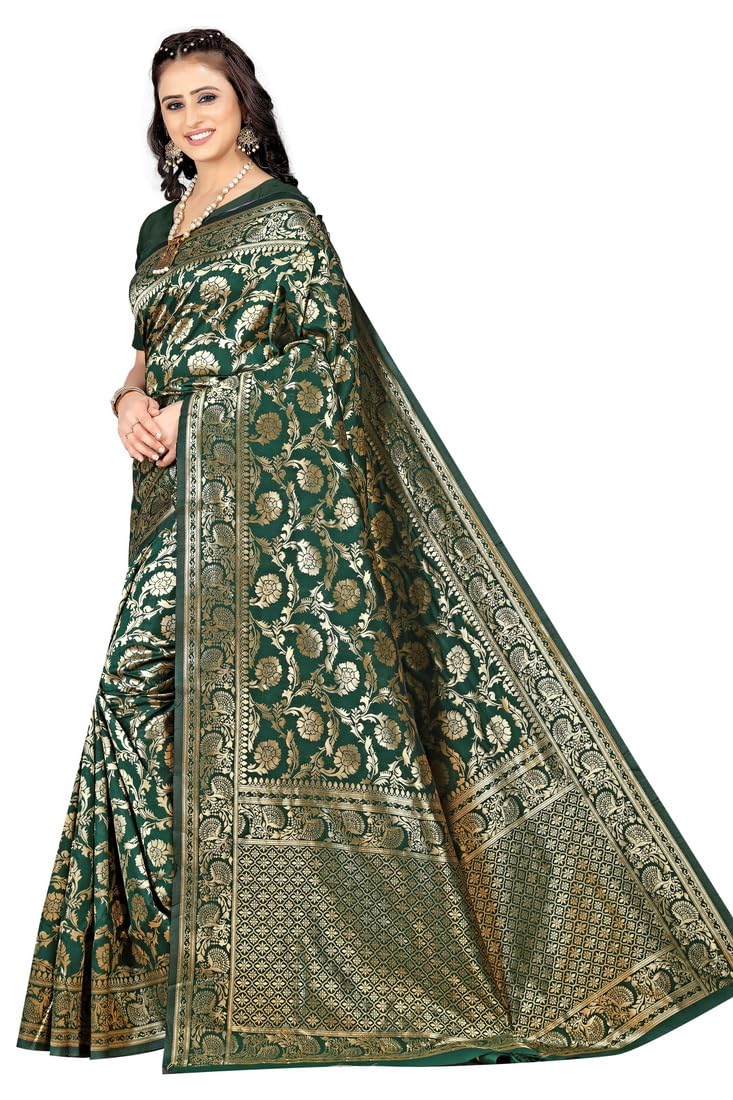 C J Enterprise Women's Pure Kanjivaram Soft Silk Saree Banarasi Design Wear Pattu Sarees Latest Party Cotton Sari With Blouse Piece for Wedding sadi new ladies 2024 (Pari164 paithani) (Dark Green) - Image 4