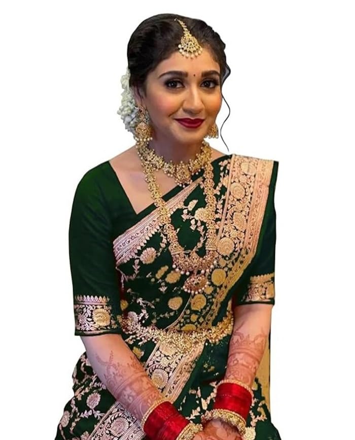 C J Enterprise Women's Pure Kanjivaram Soft Silk Saree Banarasi Design Wear Pattu Sarees Latest Party Cotton Sari With Blouse Piece for Wedding sadi new ladies 2024 (Pari164 paithani) (Dark Green) - Image 1