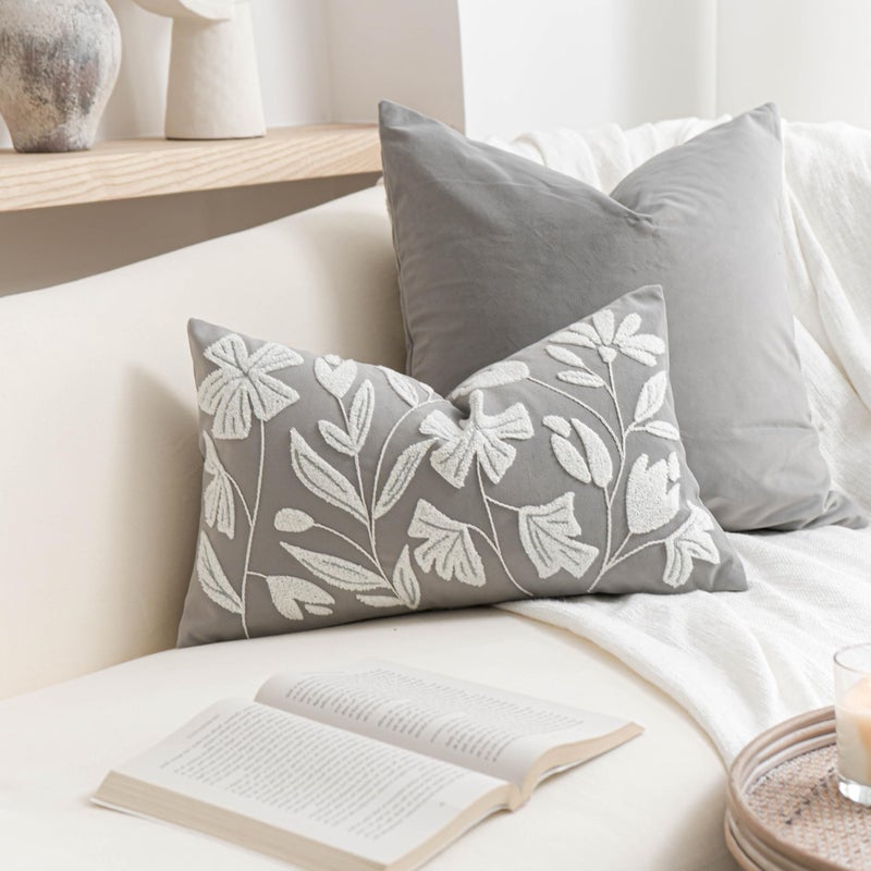 BlissBlush Gray Floral Lumbar Pillow Cover 12x20 Inch Velvet Rectangle Throw Pillow Cover Soft Decorative Farmhouse Accent Couch Pillow Cover for Living Room Bedroom - Image 2