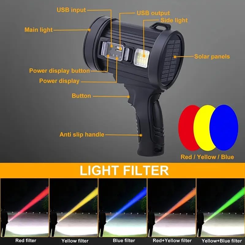 Brikipth Brikipth Solar Handheld Flashlight with Side Light USB Rechargeable Waterproof Super Bright Solar Searchlight with 6 Modes for Outdoor Hunting Camping Emergencies Boating - Image 3