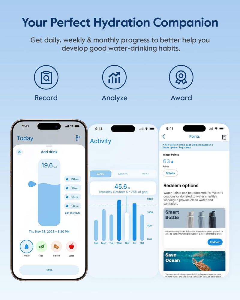 WaterH BOOST Smart Water Bottle with Reminder & Tracker, Double Wall Vacuum Insulated Bottles Stainless Steel, 32oz BPA-Free Wide Mouth for Gym, Office, School, Ideal Gift for Christmas, New Year - Image 4