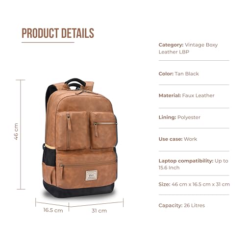 Gear Vintage Boxy 18"/26L Medium Faux Leather Water Resistant Laptop Backpack/Casual Bag/Daypack/College Backpack/Travel Backpack For Men/Women (Tan - Navy) - Image 3