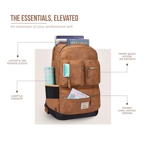Gear Vintage Boxy 18"/26L Medium Faux Leather Water Resistant Laptop Backpack/Casual Bag/Daypack/College Backpack/Travel Backpack For Men/Women (Tan - Navy) - Image 5