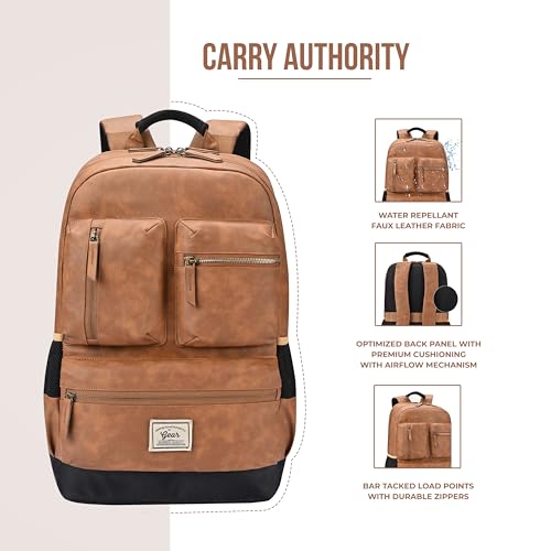 Gear Vintage Boxy 18"/26L Medium Faux Leather Water Resistant Laptop Backpack/Casual Bag/Daypack/College Backpack/Travel Backpack For Men/Women (Tan - Navy) - Image 4