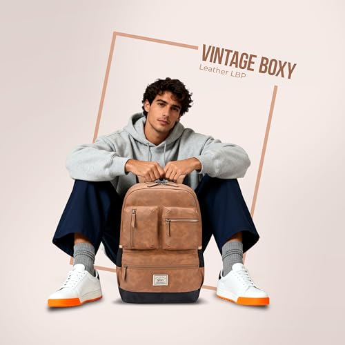 Gear Vintage Boxy 18"/26L Medium Faux Leather Water Resistant Laptop Backpack/Casual Bag/Daypack/College Backpack/Travel Backpack For Men/Women (Tan - Navy) - Image 2