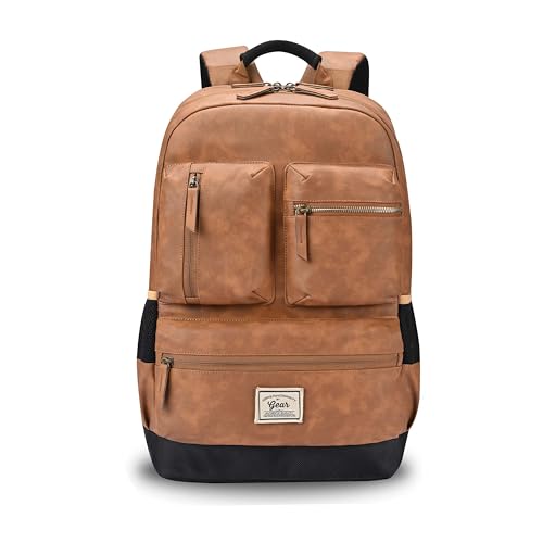 Gear Vintage Boxy 18"/26L Medium Faux Leather Water Resistant Laptop Backpack/Casual Bag/Daypack/College Backpack/Travel Backpack For Men/Women (Tan - Navy) - Image 1