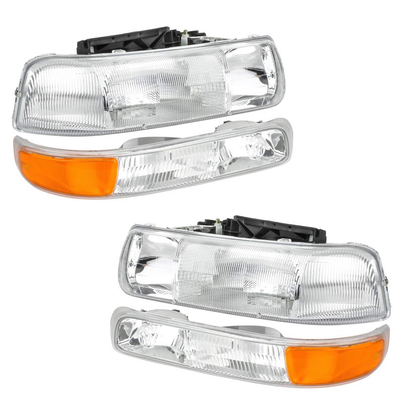 AP 4PCS Headlight Assembly Chrome Housing Clear Lens For Chevy 0006 Tahoe Suburban 1500 25009902 Silverado 1500 25000102 Silverado 1500HD 2500HD 3500