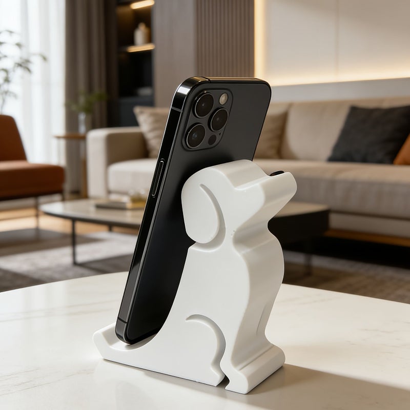 3D Printed White Dog Phone Holder PLA Material Stable Desk Decor Gift - Image 1