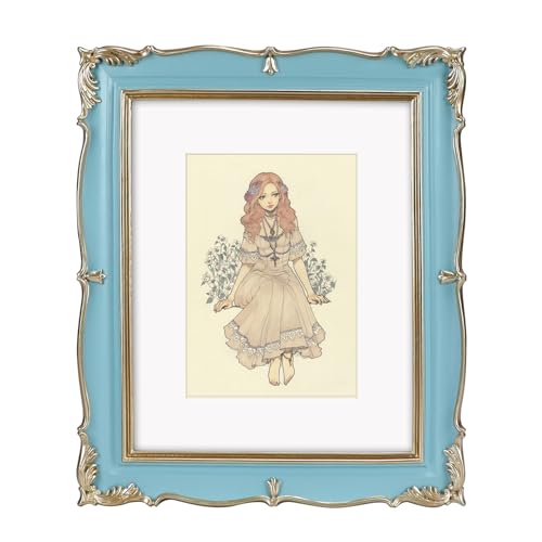 PHAREGE Vintage Picture Frame 8x10 Sky Blue Gold 8 by 10 Ornate Decorative Antique Frame with Mat for 5x7 Photo Fancy Matted Frame for Desktop or Wall Horizontal or Vertical