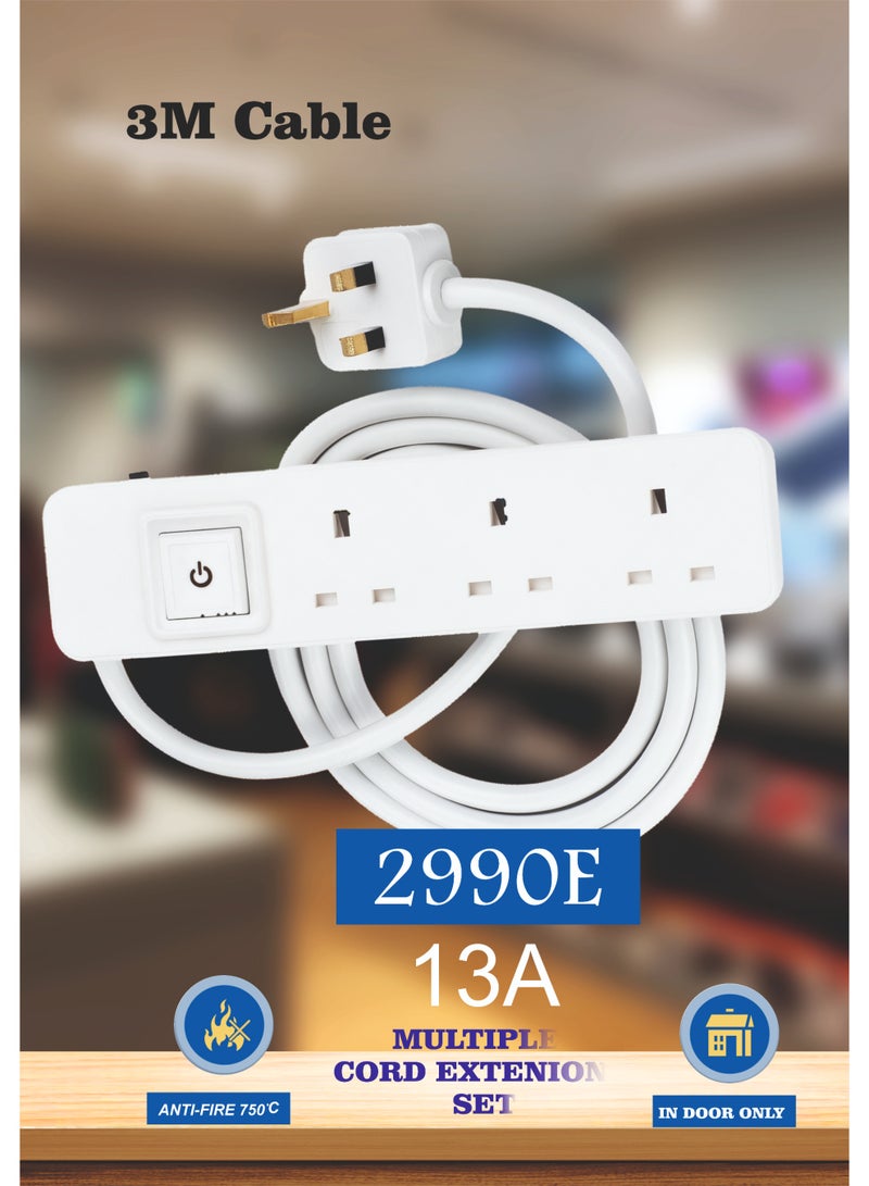 MOVAL Power Extension Cord 3m | 3 Socket Power Strip | Heavy Duty Extension Lead | Multi Plug Extension Cable for Home, Office & Appliances - Image 1