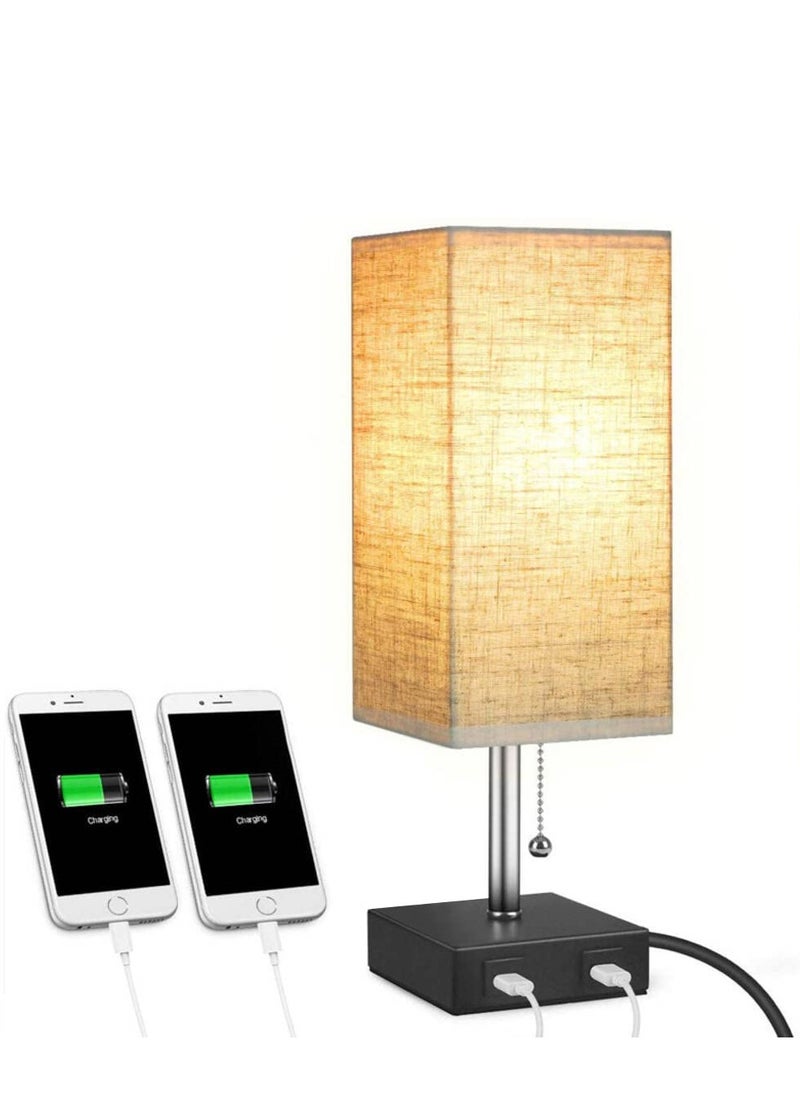MIXDE - Table Lamp,Bedside Lamps with 2 Useful USB Charging Ports, Solid Wood Nightstand Lamp with beige Fabric Shade Perfect for Bedroom, Living Room, Study Room - Image 1