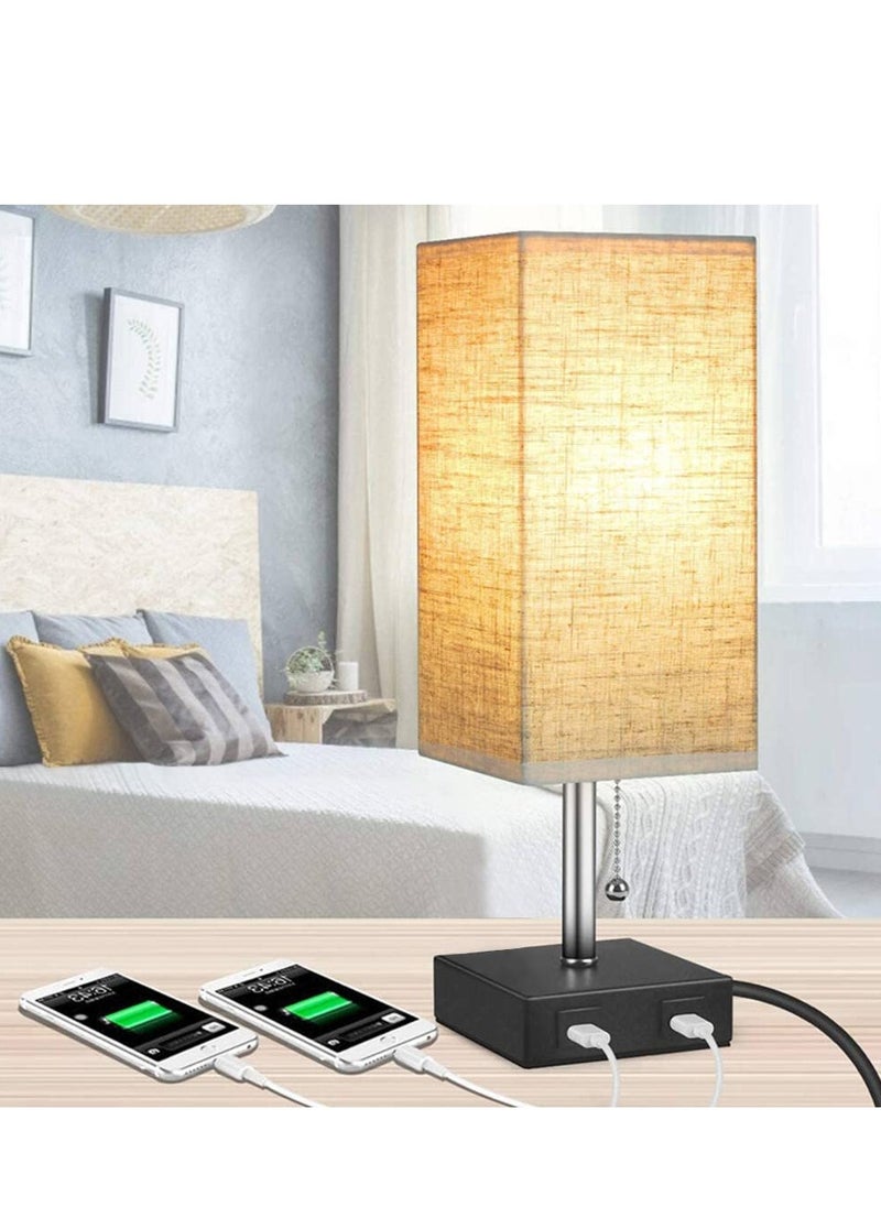 MIXDE - Table Lamp,Bedside Lamps with 2 Useful USB Charging Ports, Solid Wood Nightstand Lamp with beige Fabric Shade Perfect for Bedroom, Living Room, Study Room - Image 1