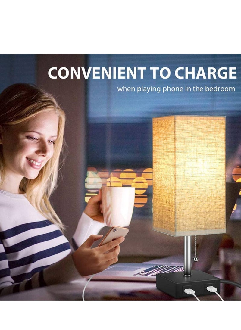 MIXDE - Table Lamp,Bedside Lamps with 2 Useful USB Charging Ports, Solid Wood Nightstand Lamp with beige Fabric Shade Perfect for Bedroom, Living Room, Study Room - Image 1
